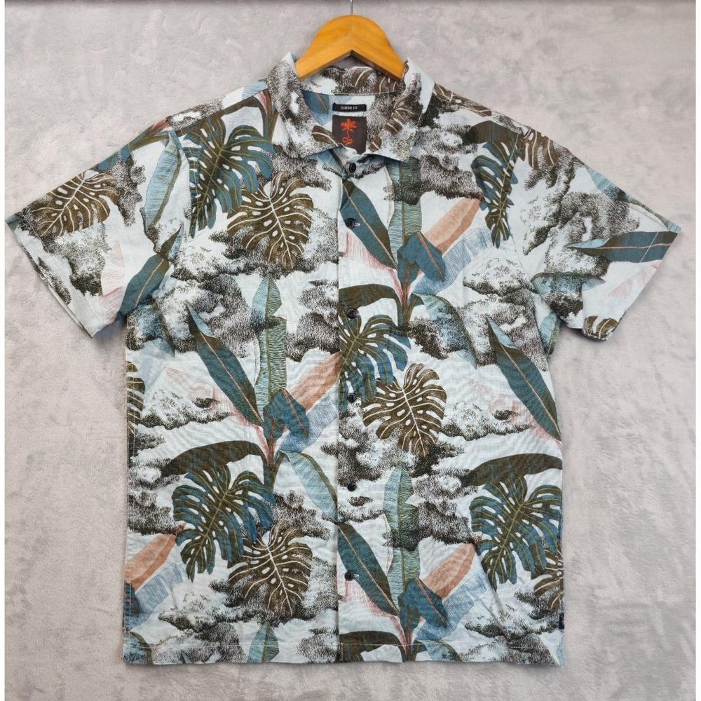 Roark Shirt Men Medium Green Button Hawaiian Aloha Floral Leafy Linen Blend